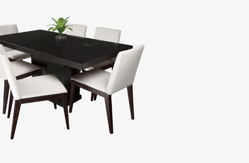 Juego de comedor moderno con mesa negra y sillas blancas de melamina de Decora360