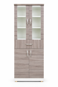 Alacena de cocina en melamina color madera con vitrinas de vidrio estilo moderno