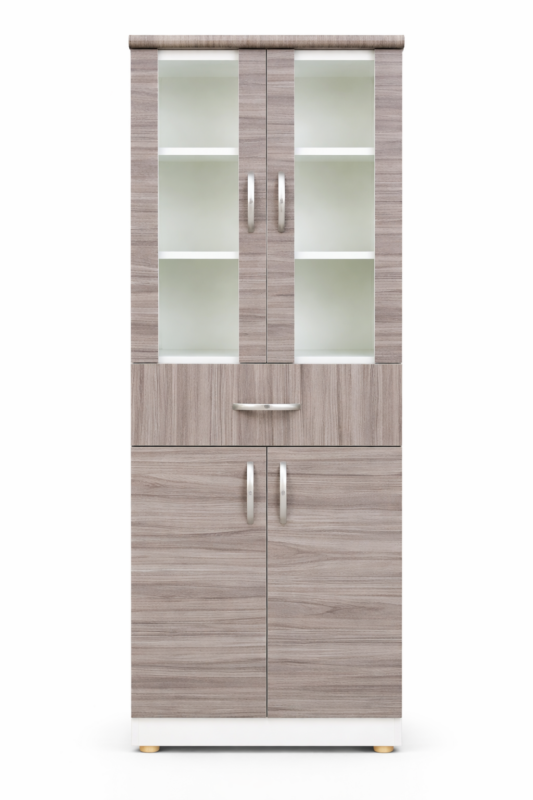 Alacena de cocina en melamina color madera con vitrinas de vidrio estilo moderno