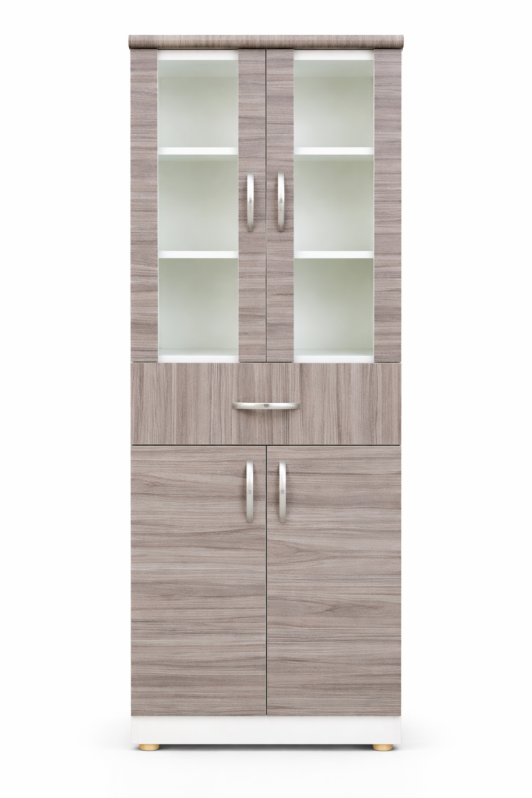 Alacena de cocina en melamina color madera con vitrinas de vidrio estilo moderno