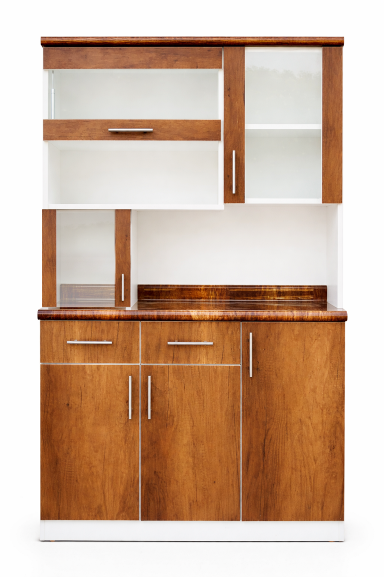Repostero de cocina en melamina color marrón con vitrinas de vidrio estilo moderno